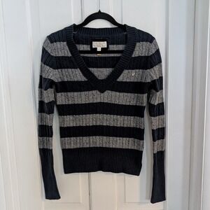 American Eagle Y2K Cable Knit Sweater LARGE Preppy Xtra Long Sleeve V-Neck Women